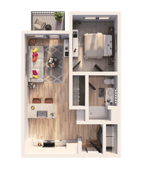 Floor plan for 1 bed, 1 bath, 615 sqft
